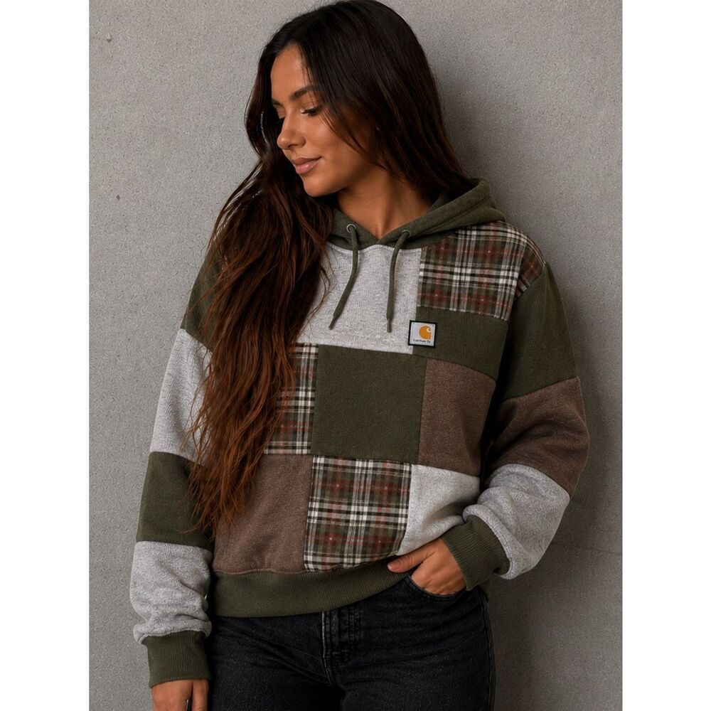 Carhartt Handmade Upcycled Patchwork Flannel Green Brown Relaxed Baggy Hoodie
